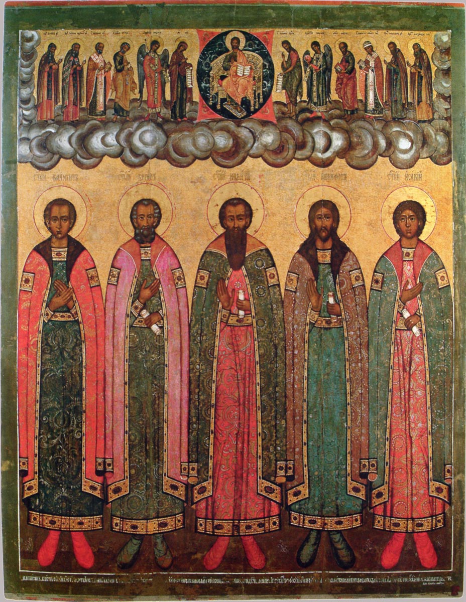 Свв. Климент, Кирилл, Никита, Никифор, Иссакий Сокольницкие (Алфановы). Икона. Новгород. 1701 год. 148 х 119. Из Сокольницкого женского монастыря. В 1929 из Троицкого Свято-Духова монастыря поступила в НГОМЗ. Новгород.