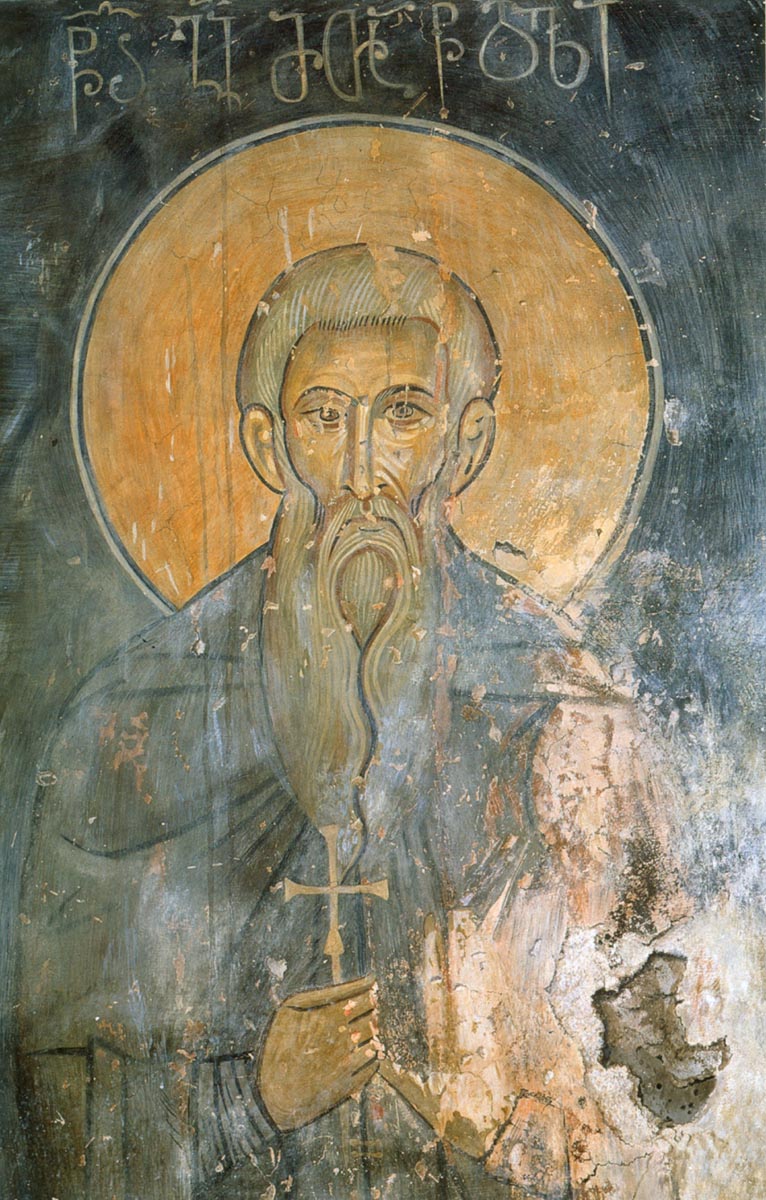 Прп. Георгий Святогорец. Фреска Ахтальского собора. Грузия. XIII век.