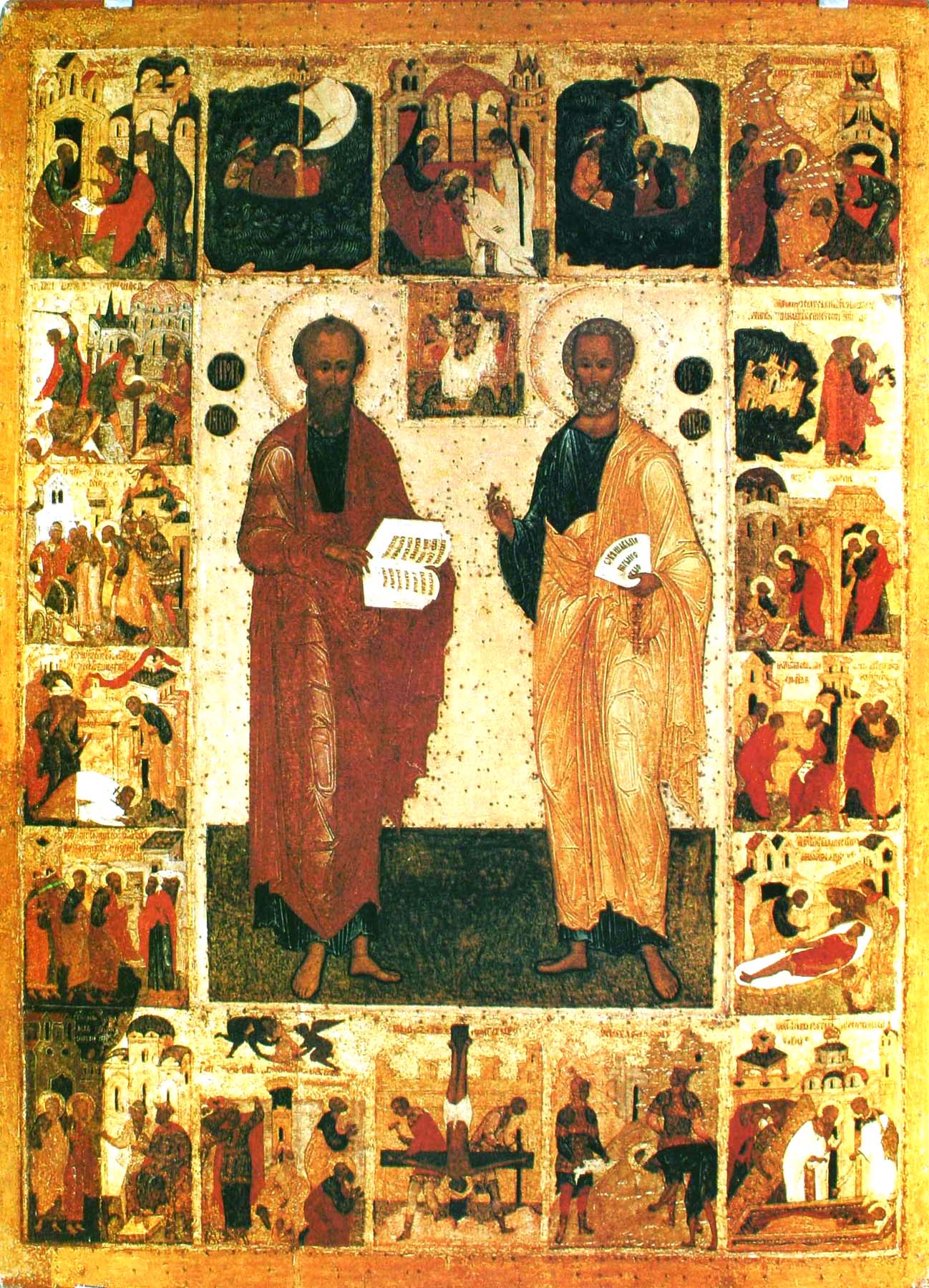 Апп. Петр и Павел с житием. Икона. Новгород. XVI в. 162 х 119. Новгородский Историко-Архитектурный Музей-Заповедник.