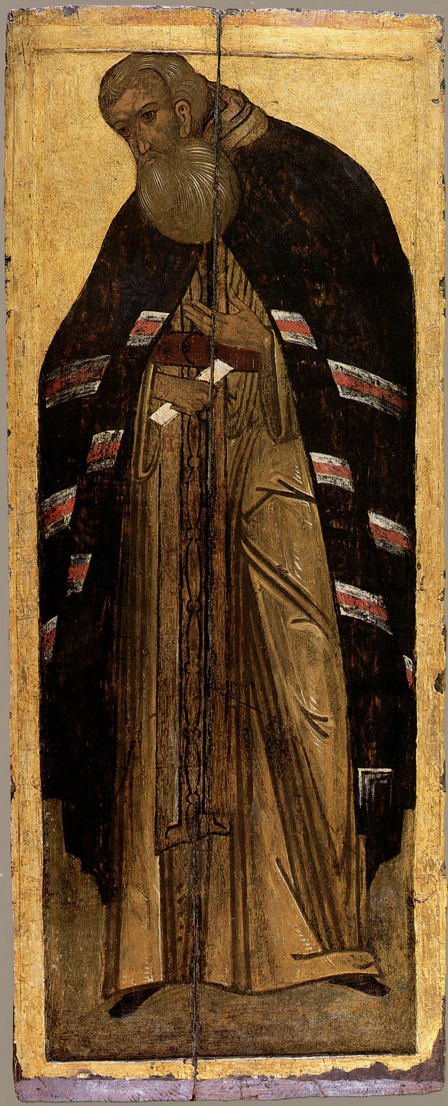 Свт. Иоанн Новгородский. Икона. Русь (Север). 2-я половина XVI в. 107 х 43. Из иконостаса Покровской церкви Кижского погоста. КМИИ. Петрозаводск. Карелия.