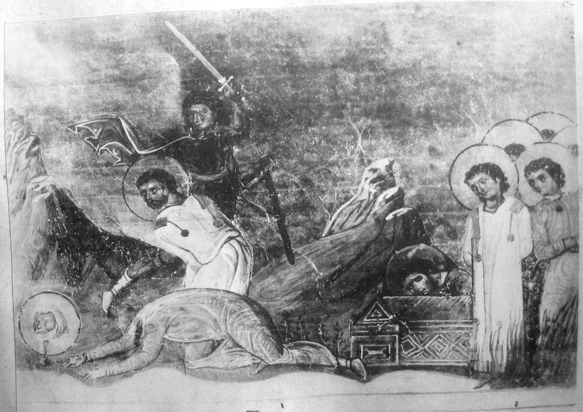 Мчч. Зотик, Лукиан, Илия, Макровий и Гордиан, Уалериан. Миниатюра Минология Василия II. Константинополь. 985 г. Ватиканская библиотека. Рим.