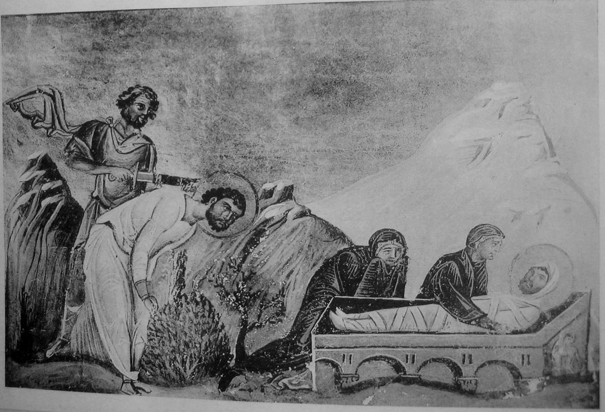 Мчч. Давикт (Адавкт) и Каллисфения Ефесские, Мелитинские. Миниатюра Минология Василия II. Константинополь. 985 г. Ватиканская библиотека. Рим.