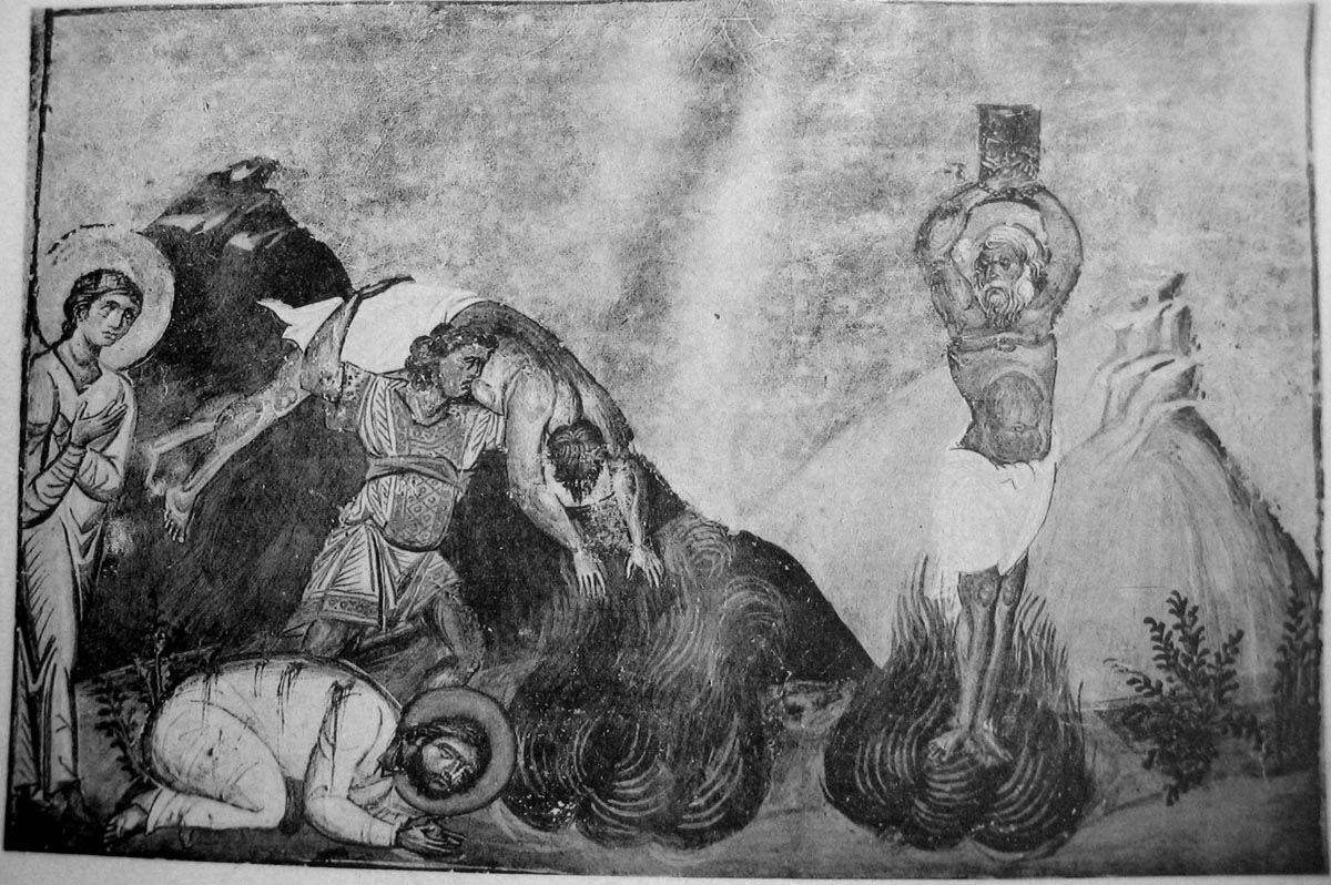 Мчч. Карп, Папила, Агафодор и Агафоника. Миниатюра Минология Василия II. Константинополь. 985 г. Ватиканская библиотека. Рим.