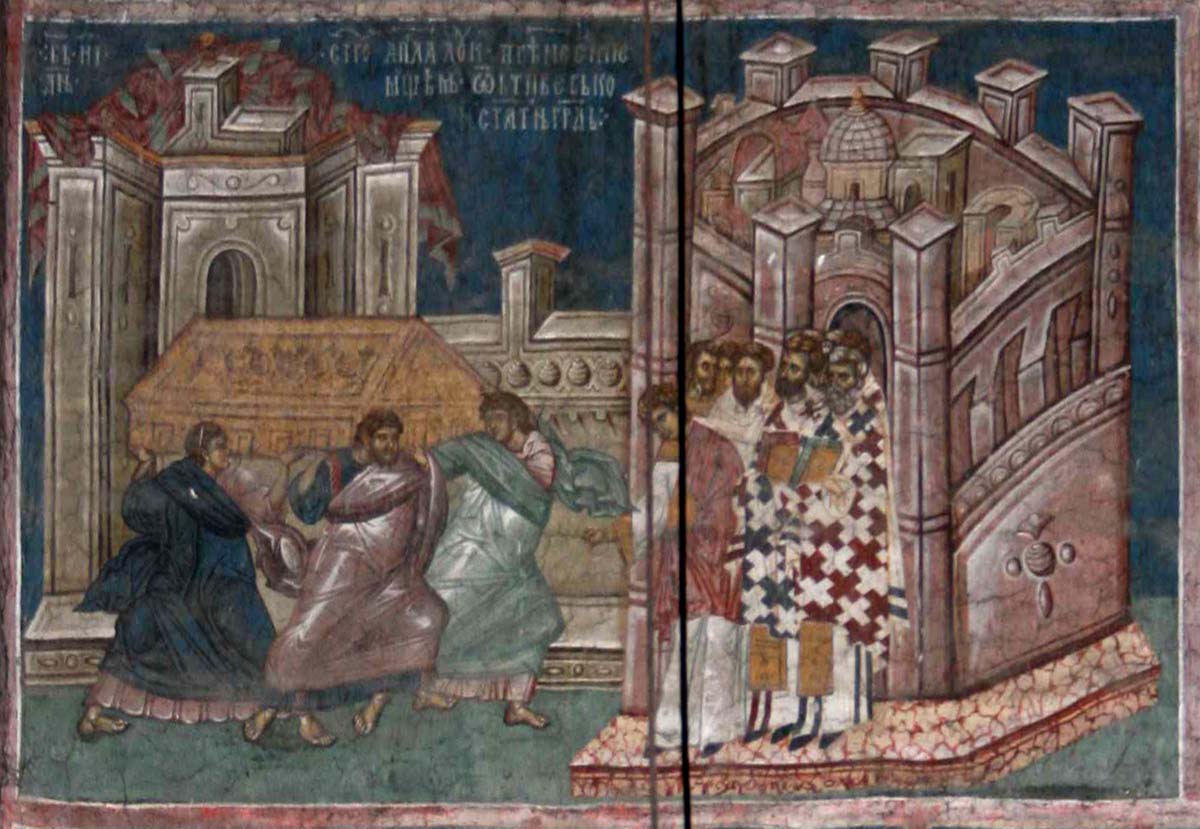 Перенесение мощей ап. Луки. Фреска. Церковь Христа Пантократора. Дечани. Косово. Сербия. Около 1350 года.